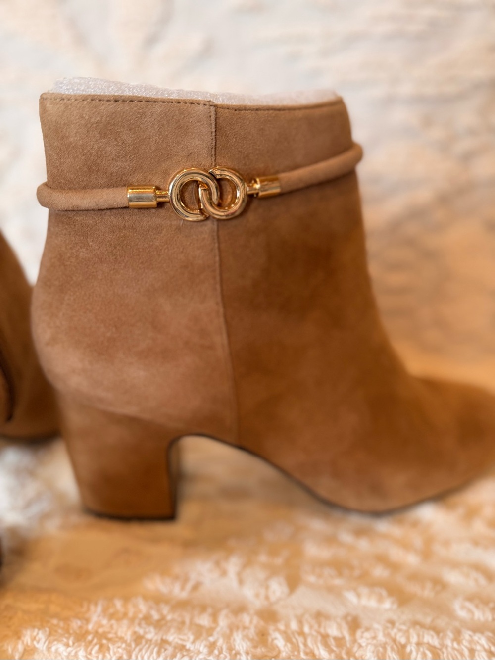 Bella Vita Tan Suede Block Heel Ankle Boots with Gold Accent 690 - Picture 4 of 8